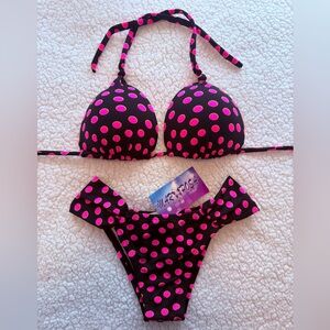 Mariposa Polka Dot Brazilian Bikini in Black and Pink
